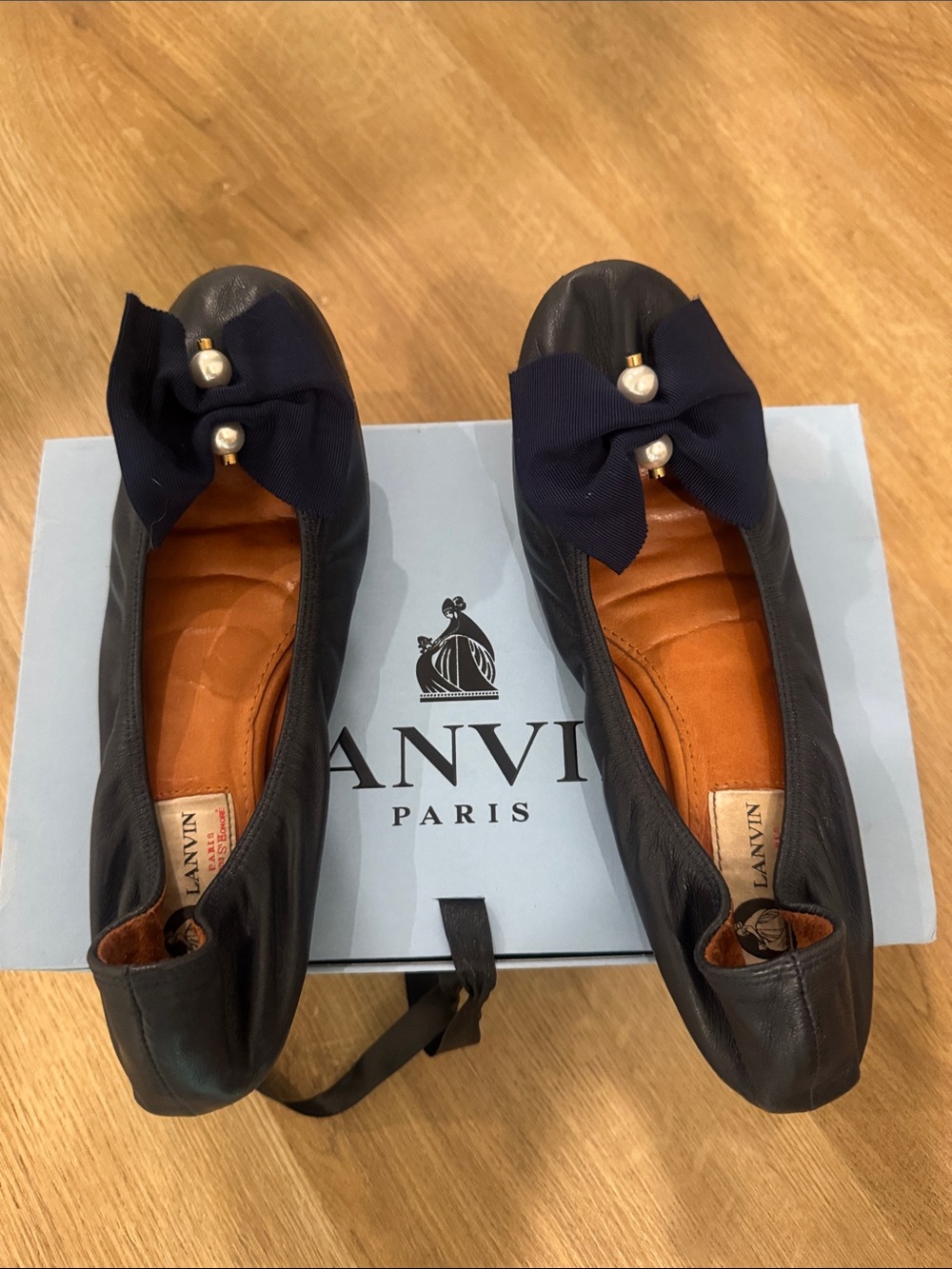 Lanvin Black Leather Ballet Flats with Navy Bow & Pearl Accents